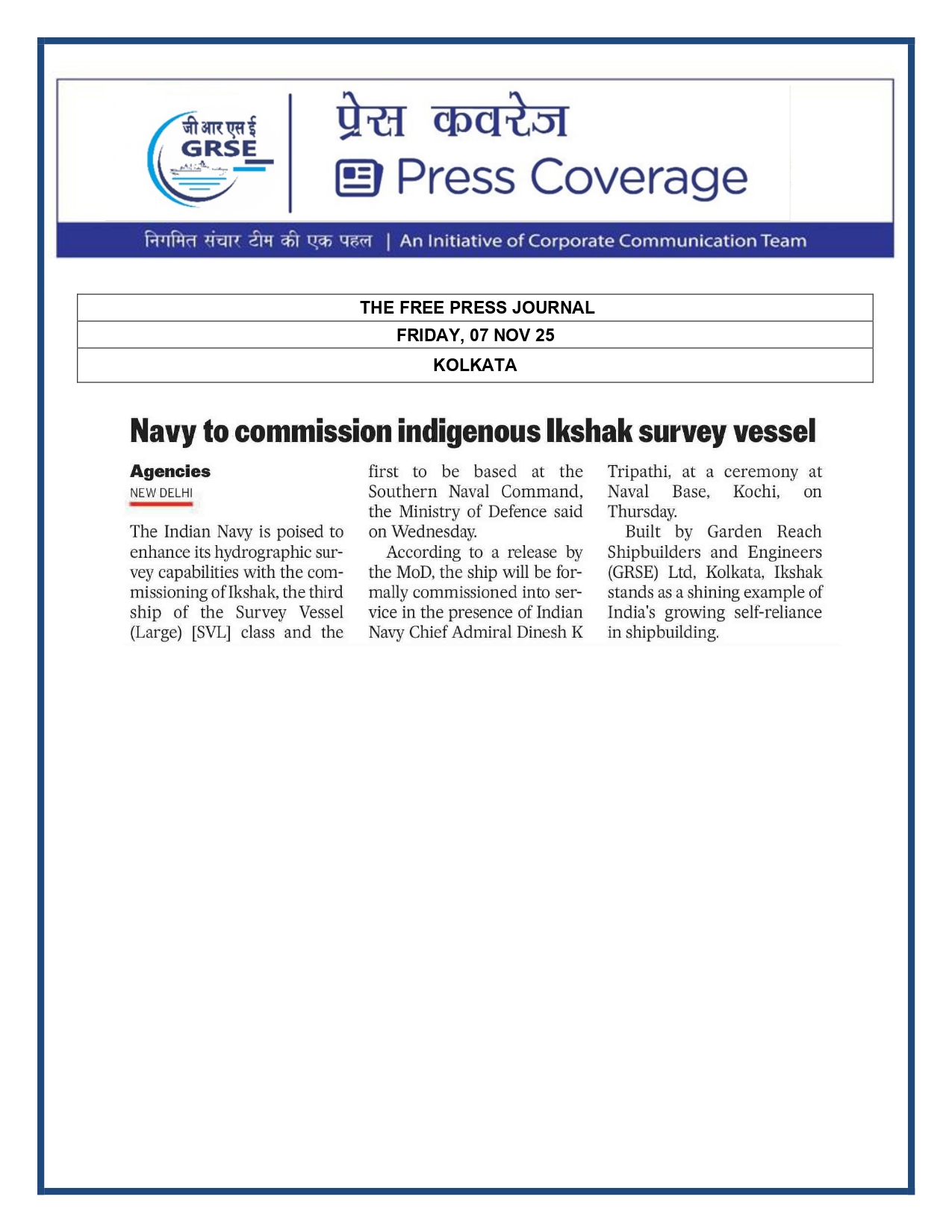   Press Coverage: 07 Nov 25: MILLENNIUM POST   